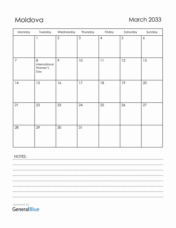 March 2033 Moldova Calendar with Holidays (Monday Start)