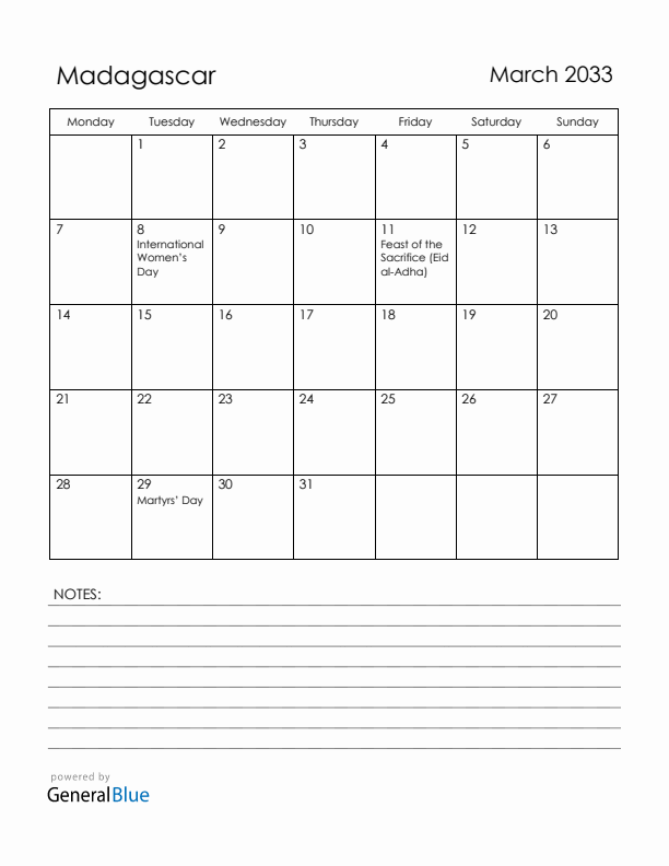March 2033 Madagascar Calendar with Holidays (Monday Start)