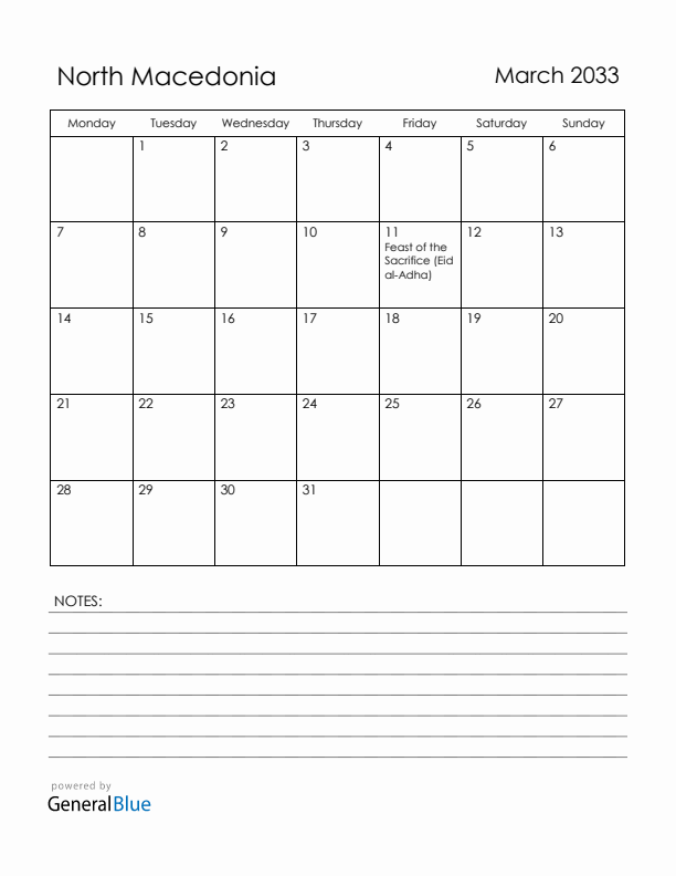March 2033 North Macedonia Calendar with Holidays (Monday Start)