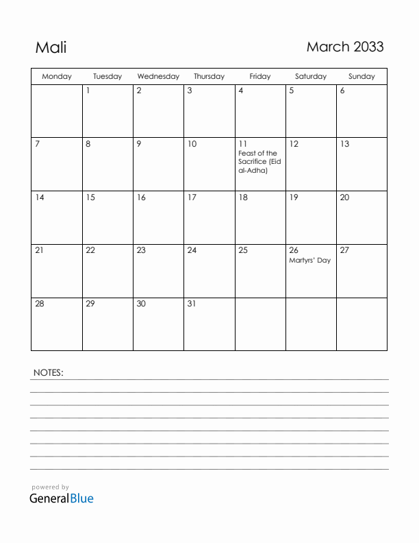 March 2033 Mali Calendar with Holidays (Monday Start)