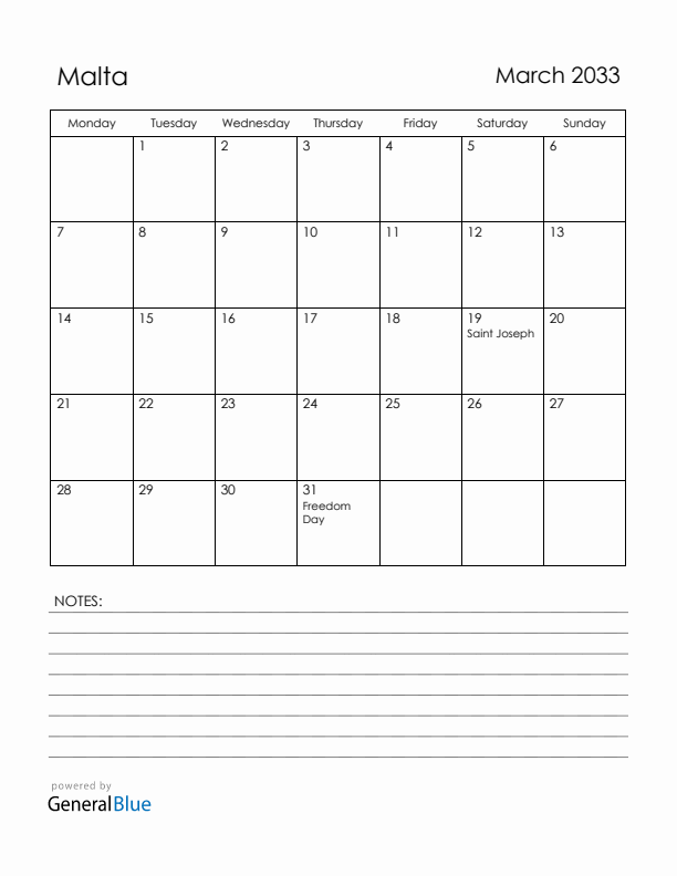 March 2033 Malta Calendar with Holidays (Monday Start)