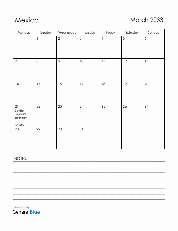 March 2033 Mexico Calendar with Holidays (Monday Start)