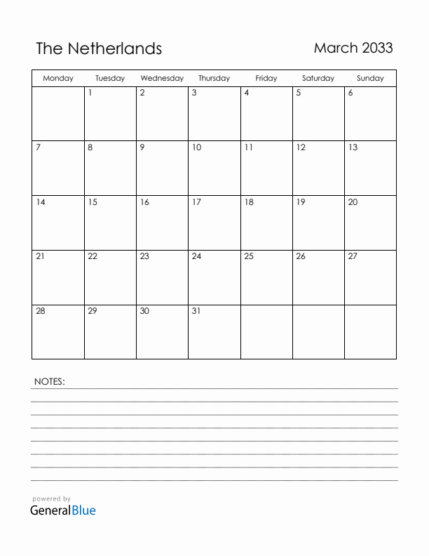 March 2033 The Netherlands Calendar with Holidays (Monday Start)