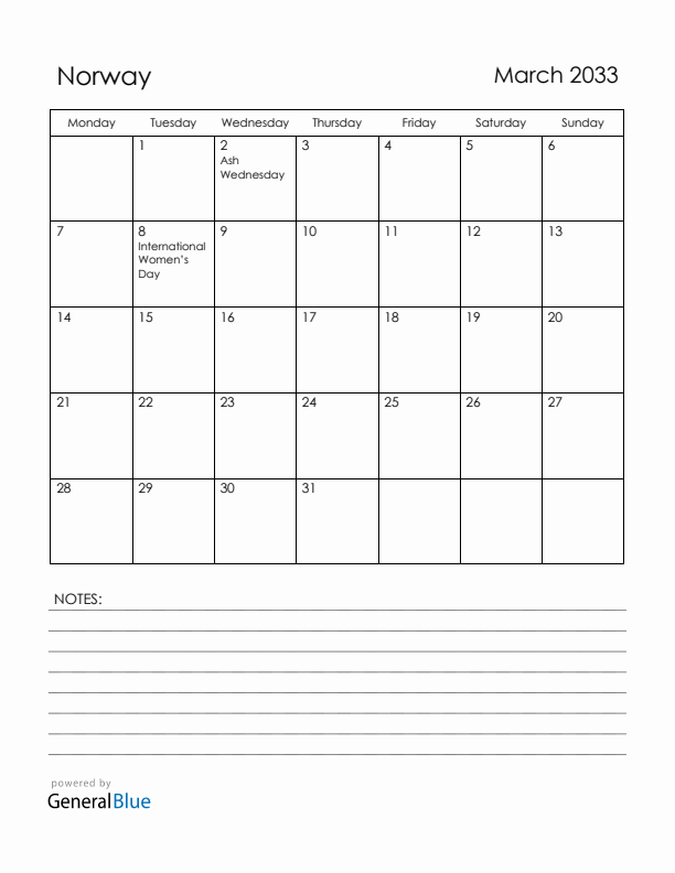 March 2033 Norway Calendar with Holidays (Monday Start)