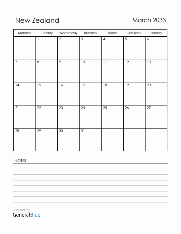 March 2033 New Zealand Calendar with Holidays (Monday Start)