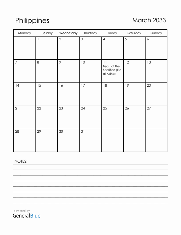 March 2033 Philippines Calendar with Holidays (Monday Start)