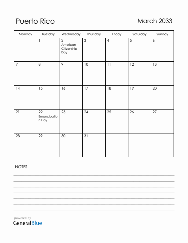 March 2033 Puerto Rico Calendar with Holidays (Monday Start)