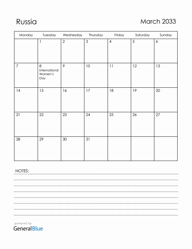 March 2033 Russia Calendar with Holidays (Monday Start)