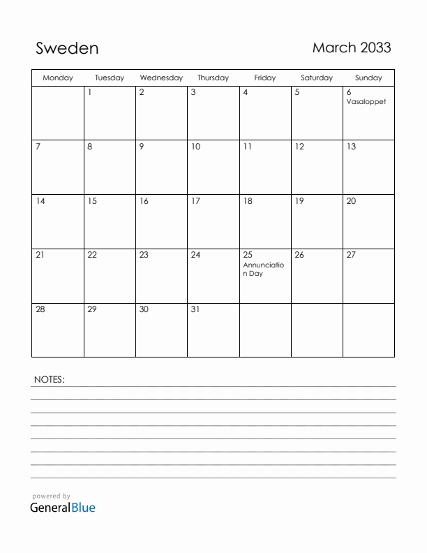 March 2033 Sweden Calendar with Holidays (Monday Start)