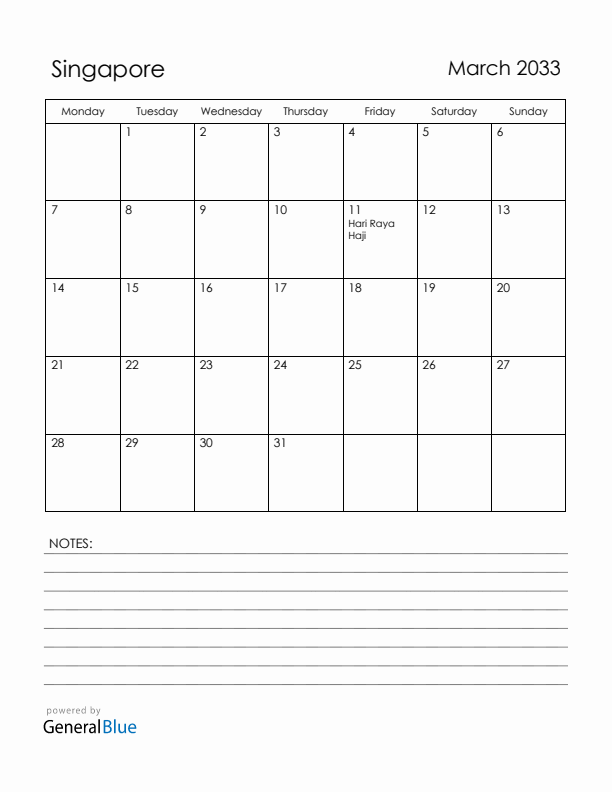 March 2033 Singapore Calendar with Holidays (Monday Start)