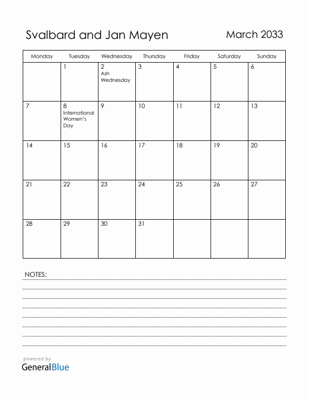 March 2033 Svalbard and Jan Mayen Calendar with Holidays (Monday Start)