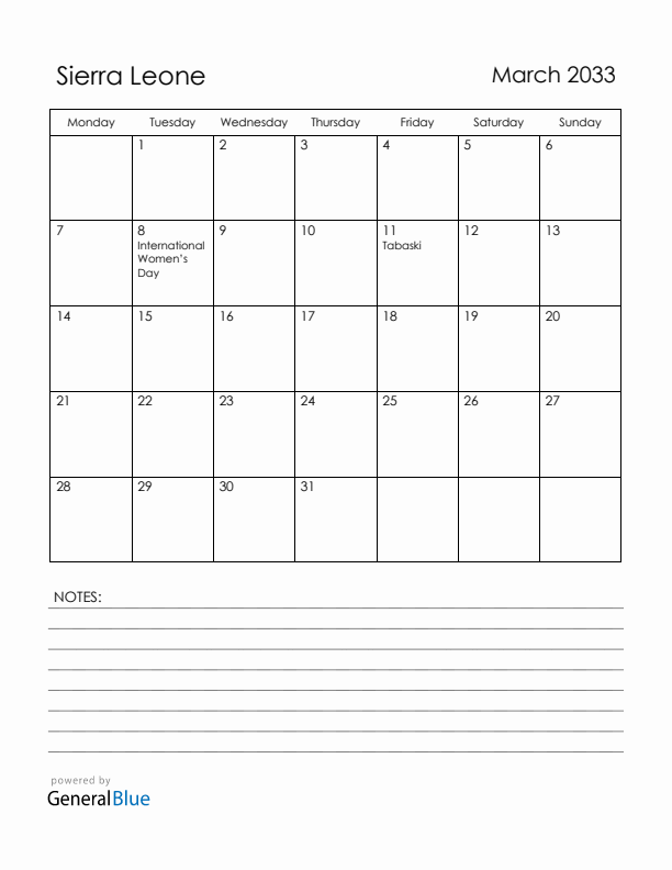 March 2033 Sierra Leone Calendar with Holidays (Monday Start)