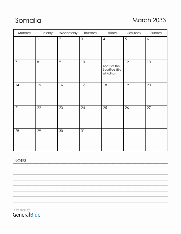 March 2033 Somalia Calendar with Holidays (Monday Start)