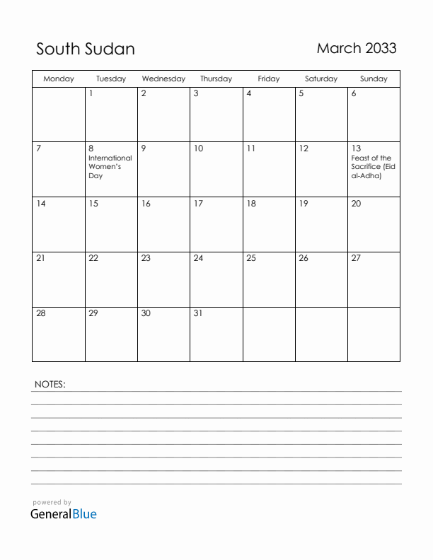 March 2033 South Sudan Calendar with Holidays (Monday Start)