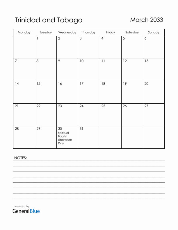 March 2033 Trinidad and Tobago Calendar with Holidays (Monday Start)