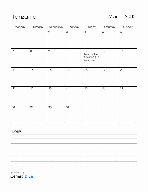 March 2033 Tanzania Calendar with Holidays (Monday Start)