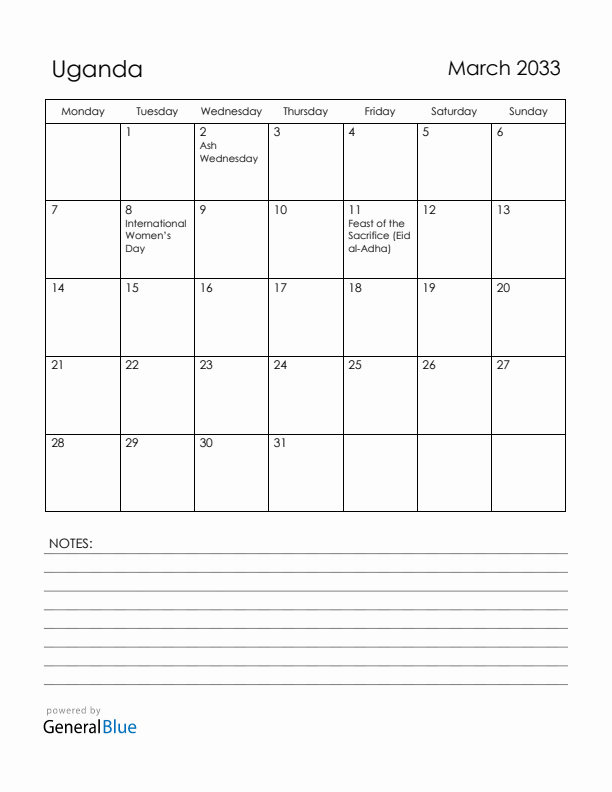 March 2033 Uganda Calendar with Holidays (Monday Start)