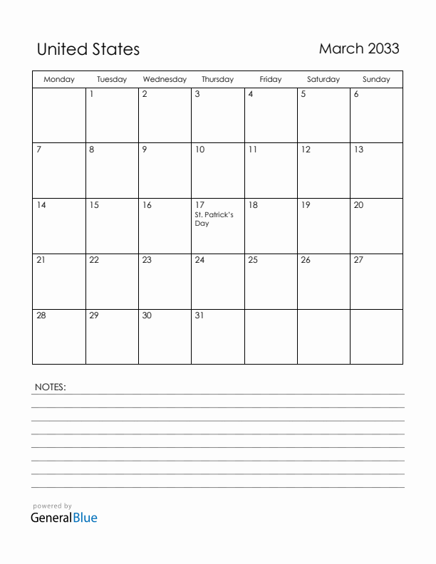 March 2033 United States Calendar with Holidays (Monday Start)