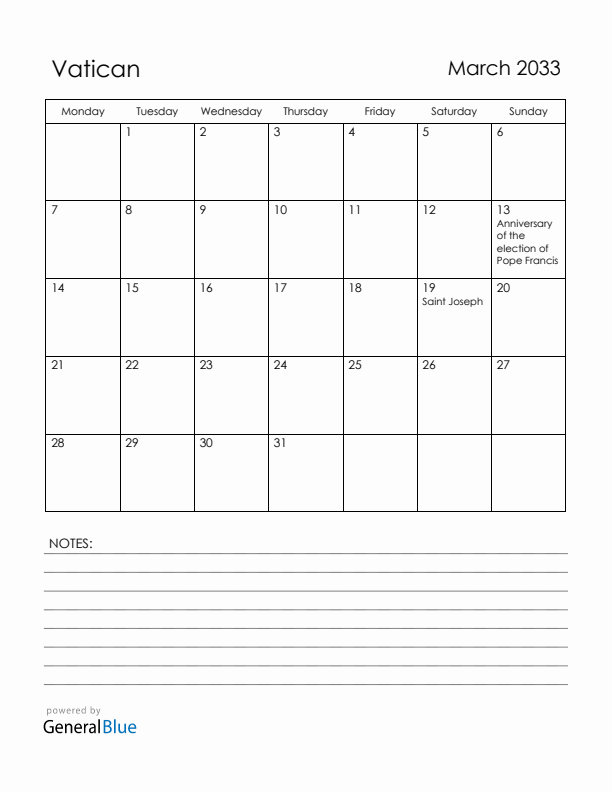 March 2033 Vatican Calendar with Holidays (Monday Start)