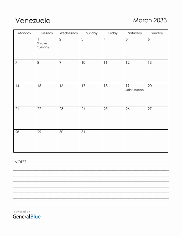 March 2033 Venezuela Calendar with Holidays (Monday Start)