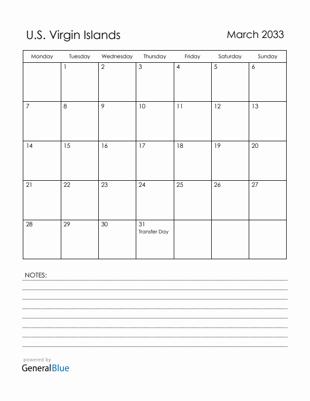 March 2033 U.S. Virgin Islands Calendar with Holidays (Monday Start)