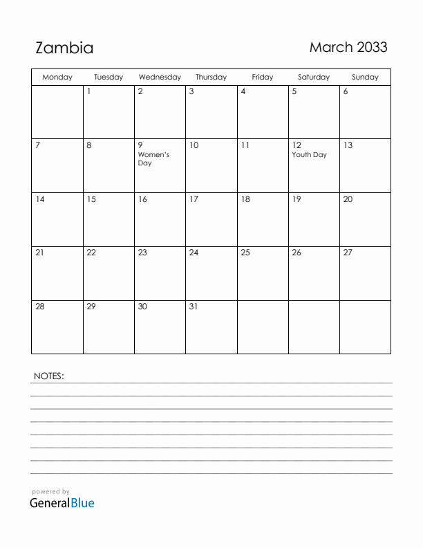 March 2033 Zambia Calendar with Holidays (Monday Start)