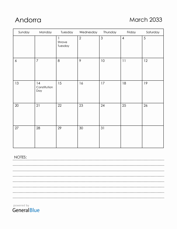 March 2033 Andorra Calendar with Holidays (Sunday Start)