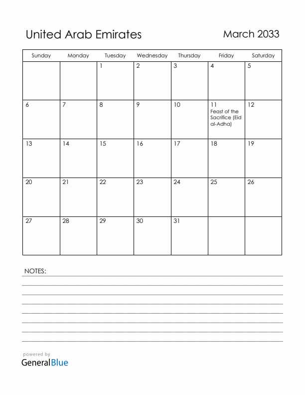 March 2033 United Arab Emirates Calendar with Holidays (Sunday Start)