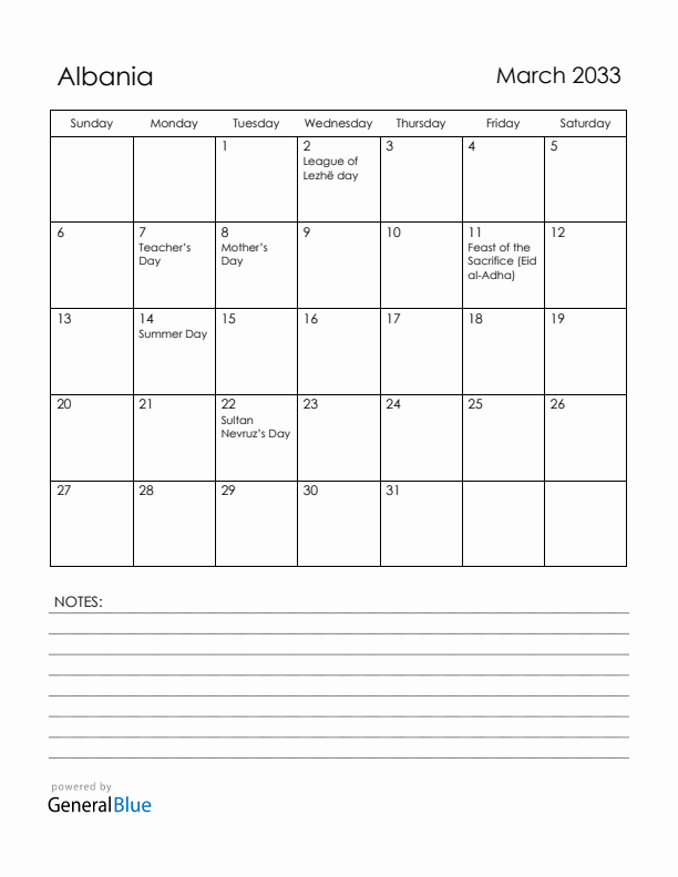 March 2033 Albania Calendar with Holidays (Sunday Start)