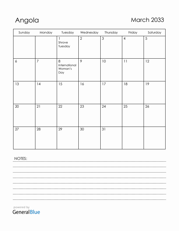March 2033 Angola Calendar with Holidays (Sunday Start)