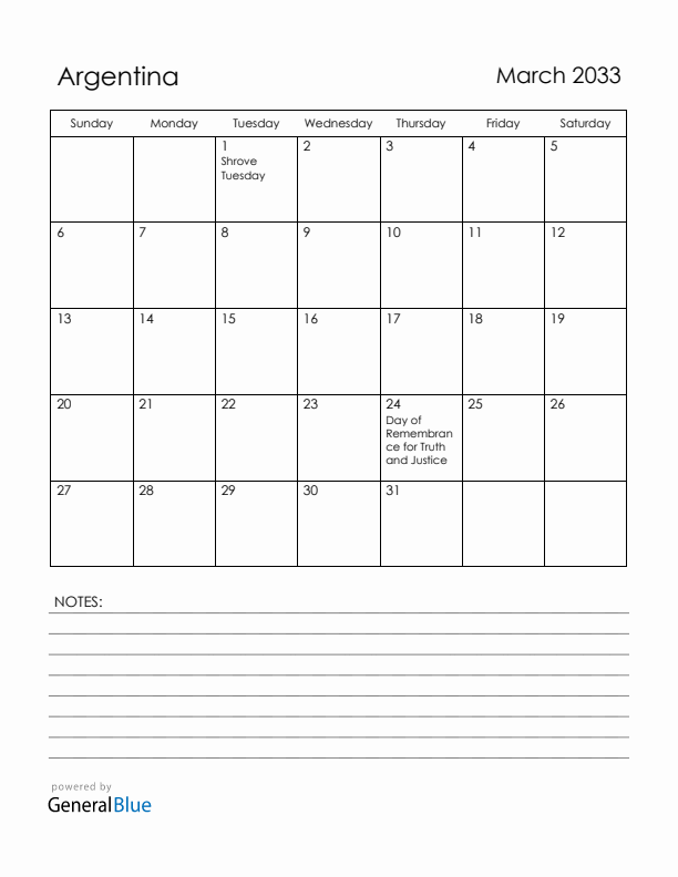 March 2033 Argentina Calendar with Holidays (Sunday Start)