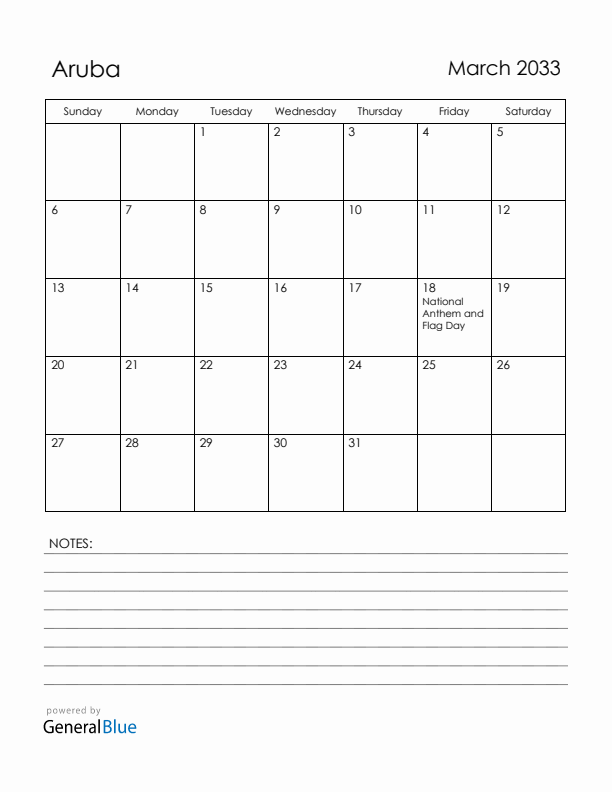March 2033 Aruba Calendar with Holidays (Sunday Start)