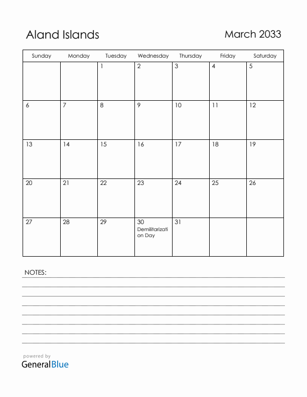 March 2033 Aland Islands Calendar with Holidays (Sunday Start)