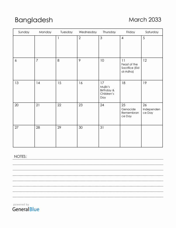 March 2033 Bangladesh Calendar with Holidays (Sunday Start)