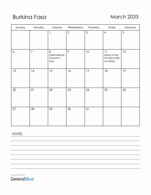 March 2033 Burkina Faso Calendar with Holidays (Sunday Start)