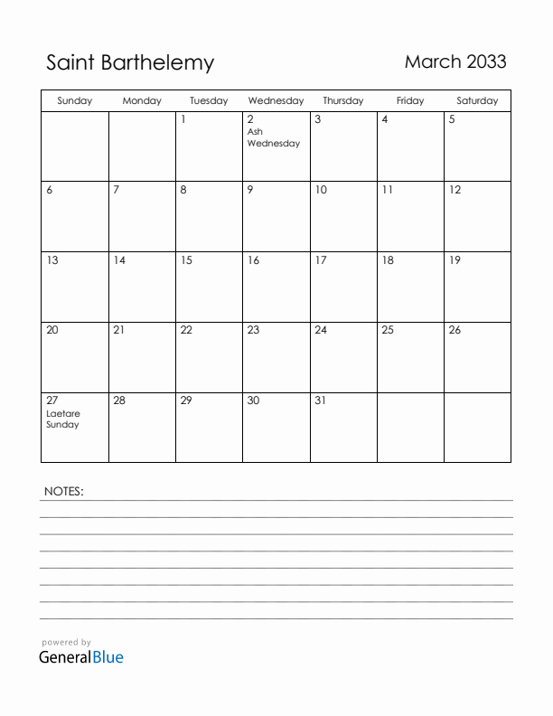 March 2033 Saint Barthelemy Calendar with Holidays (Sunday Start)