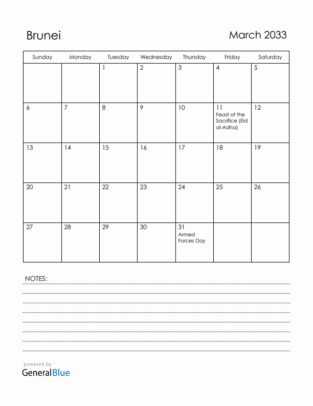 March 2033 Brunei Calendar with Holidays (Sunday Start)