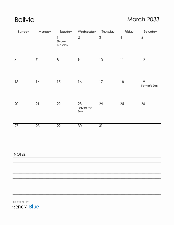 March 2033 Bolivia Calendar with Holidays (Sunday Start)