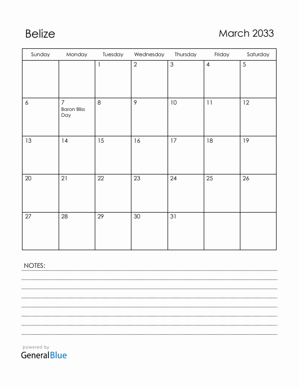 March 2033 Belize Calendar with Holidays (Sunday Start)