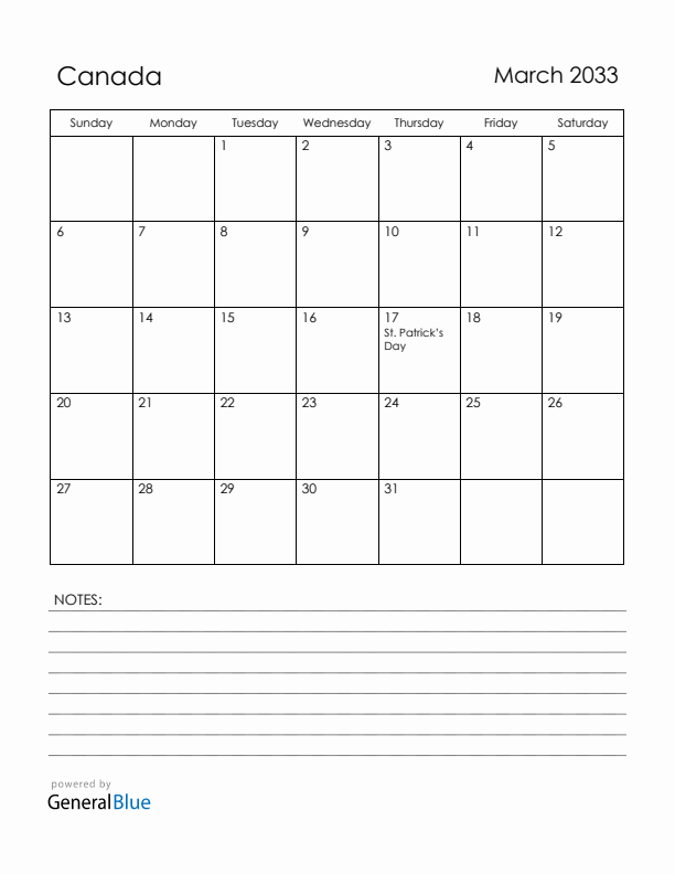 March 2033 Canada Calendar with Holidays (Sunday Start)