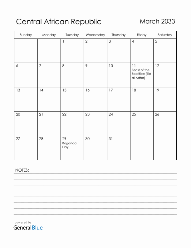 March 2033 Central African Republic Calendar with Holidays (Sunday Start)