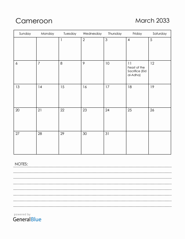 March 2033 Cameroon Calendar with Holidays (Sunday Start)