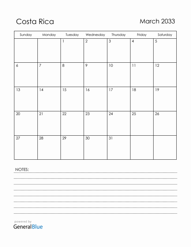 March 2033 Costa Rica Calendar with Holidays (Sunday Start)