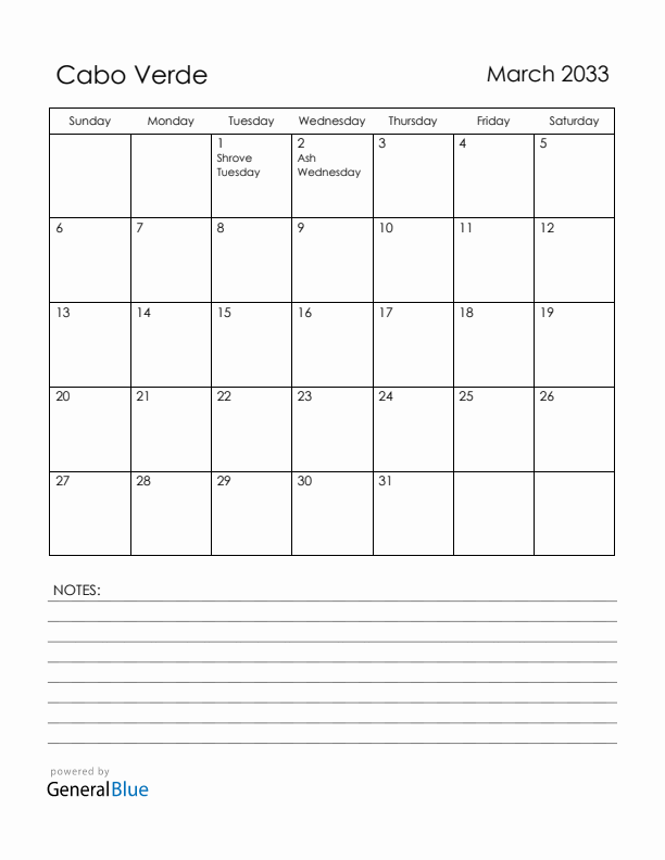 March 2033 Cabo Verde Calendar with Holidays (Sunday Start)