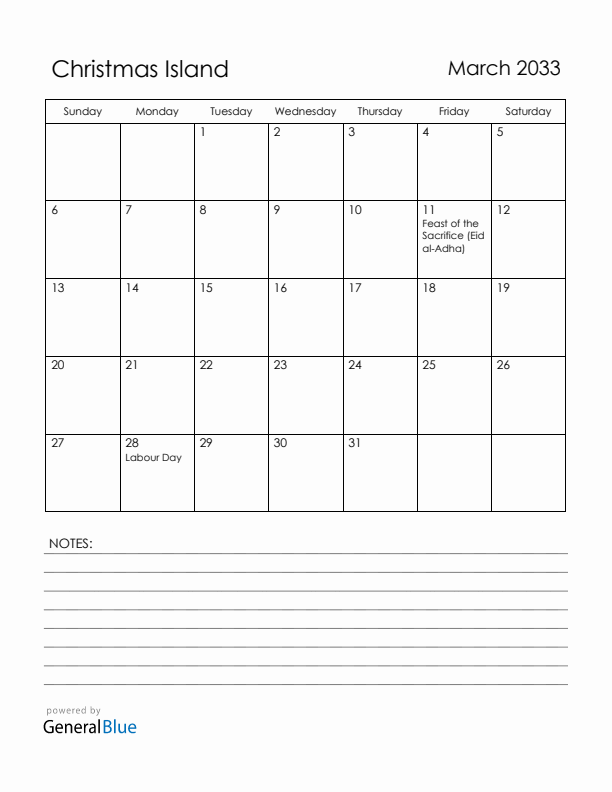 March 2033 Christmas Island Calendar with Holidays (Sunday Start)