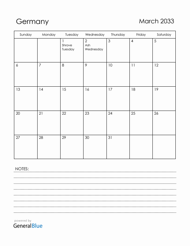 March 2033 Germany Calendar with Holidays (Sunday Start)