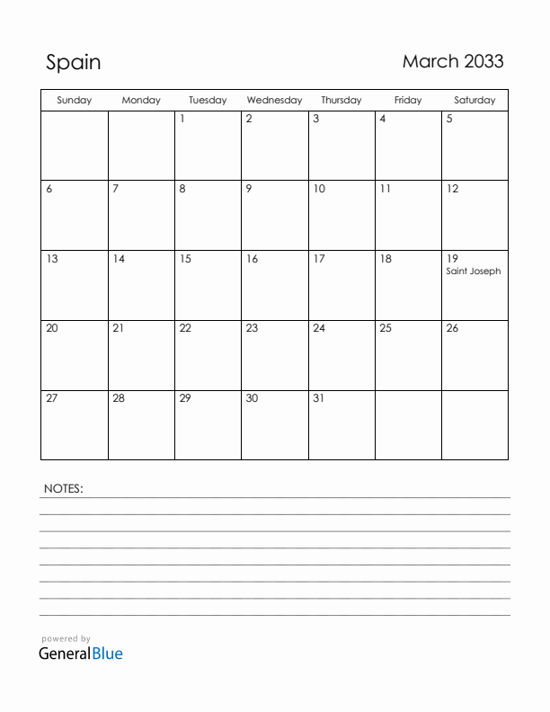 March 2033 Spain Calendar with Holidays (Sunday Start)