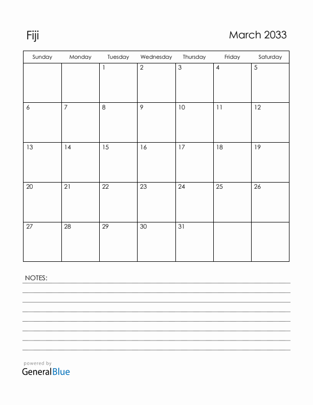 March 2033 Fiji Calendar with Holidays (Sunday Start)