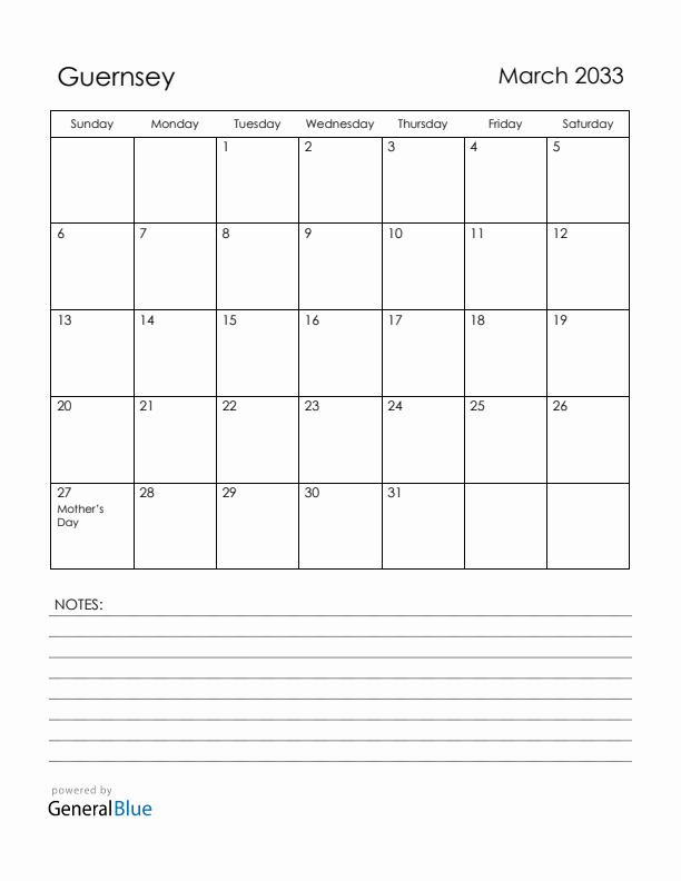 March 2033 Guernsey Calendar with Holidays (Sunday Start)