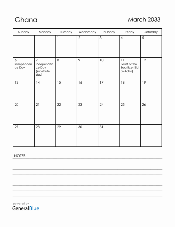 March 2033 Ghana Calendar with Holidays (Sunday Start)